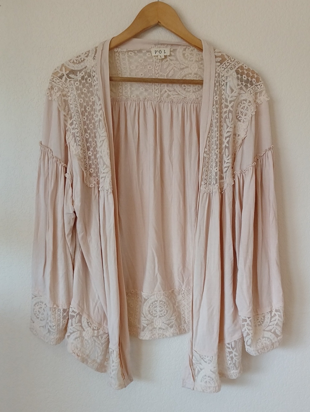 POL Light Pink Boho Lace Trim Cardigan Flowy Sleeves